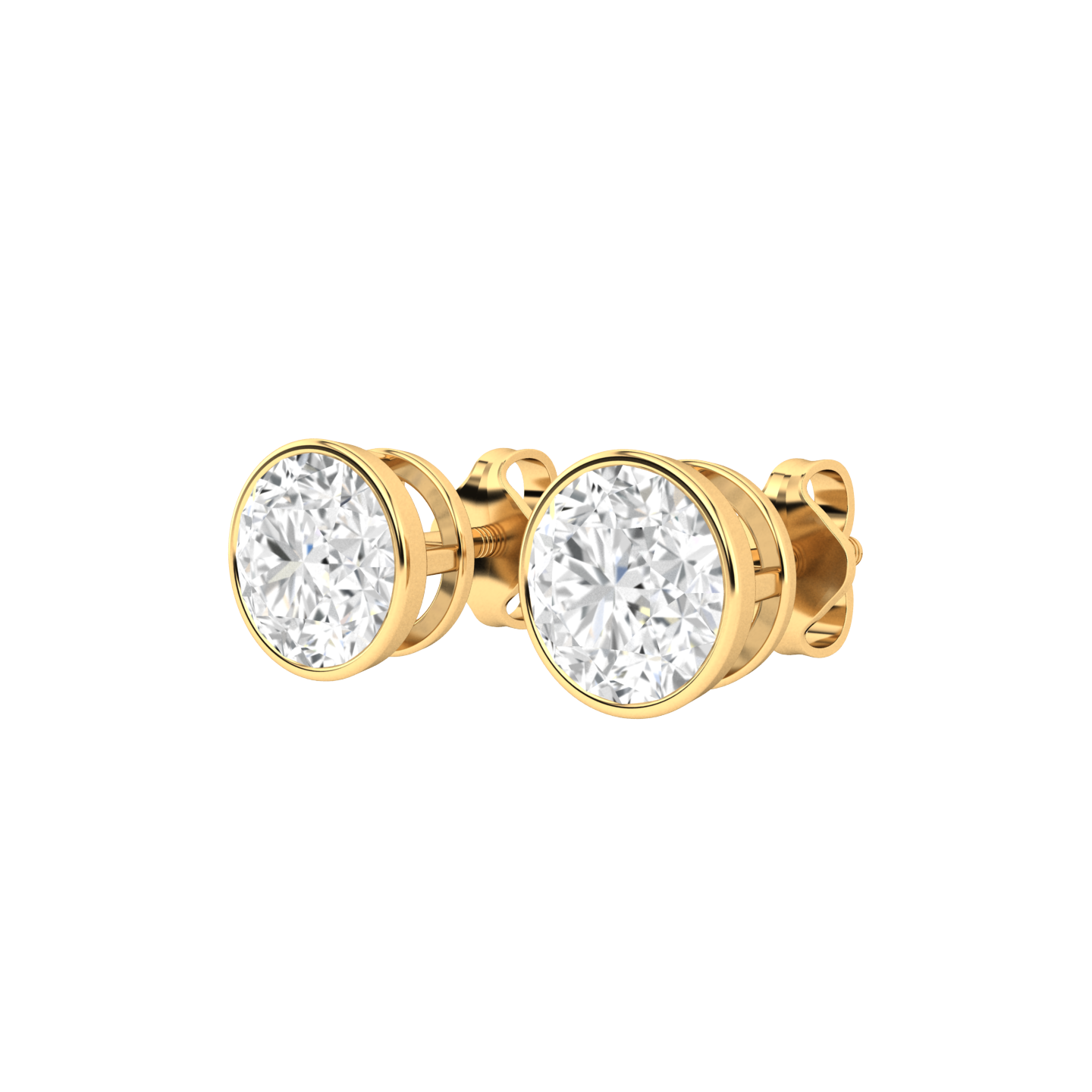 Angled profile of a pair of yellow gold solitaire stud earrings with round brilliant diamonds in a rub over setting