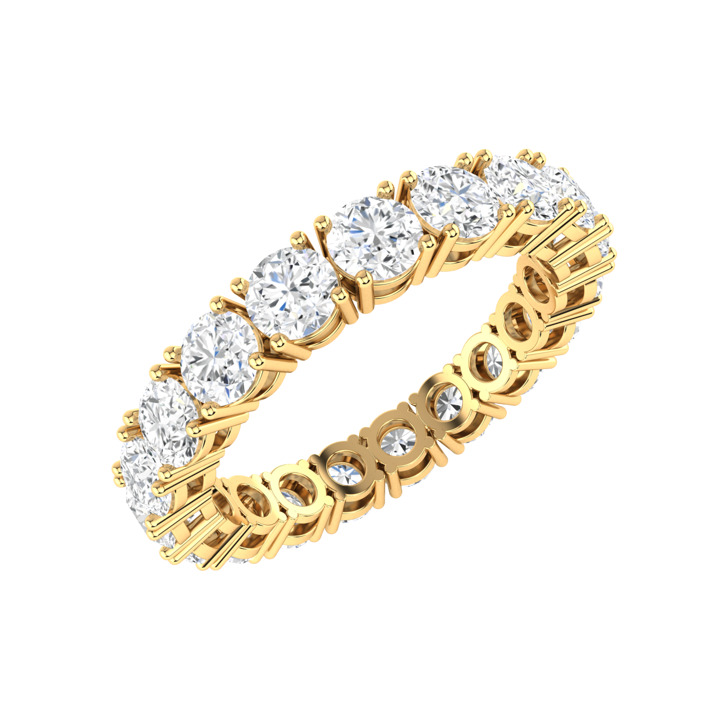 Angled view of a yellow gold full set eternity ring with round brilliant cut lab grown diamonds