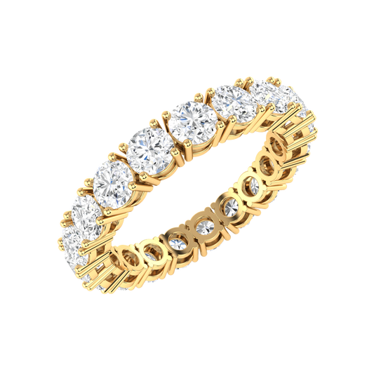 Angled view of a yellow gold full set eternity ring with round brilliant cut lab grown diamonds