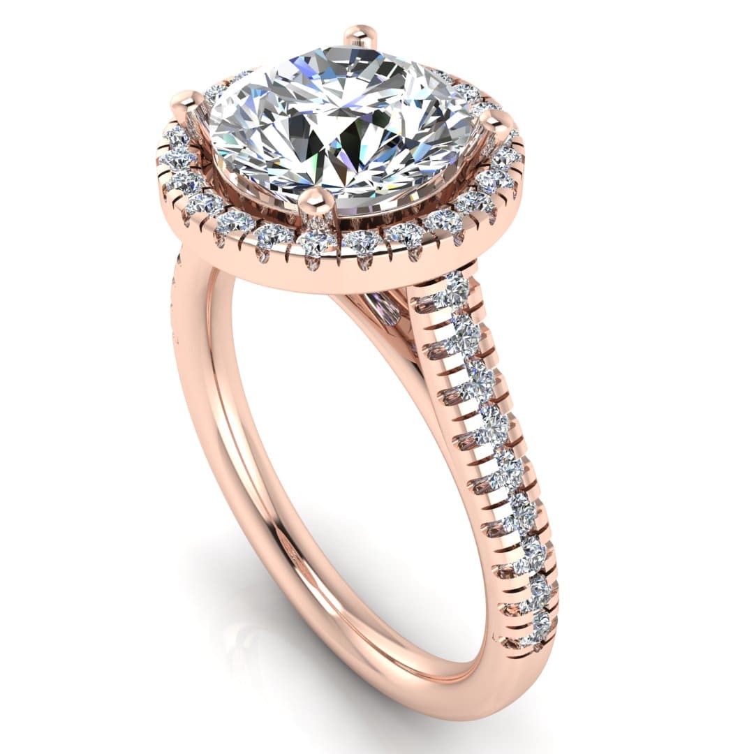 Angled view of Holly rose gold lab grown diamond engagement ring with halo and side shoulder diamonds