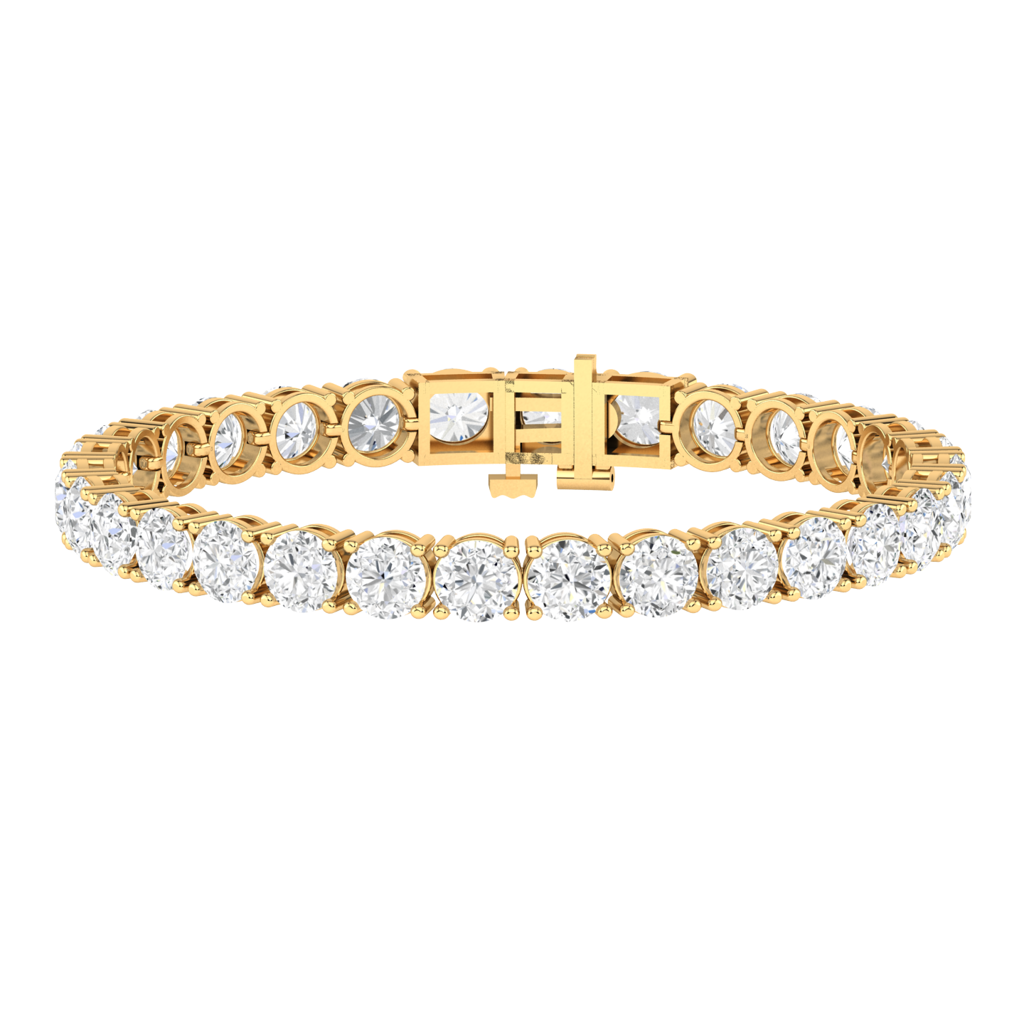yellow gold classic tennis line bracelet with big round brilliant cut ethical & sustainable lab grown diamonds set using prongs