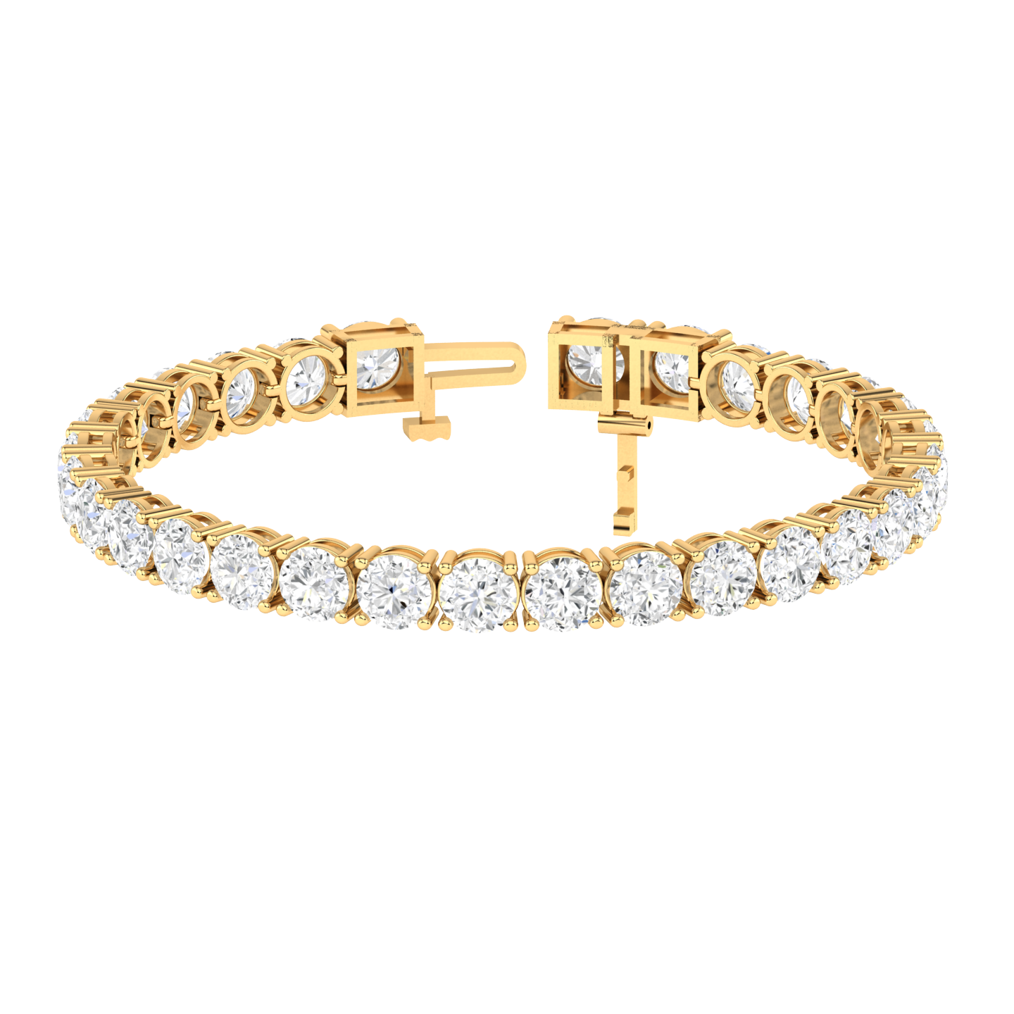 yellow gold classic tennis line bracelet with big round brilliant cut ethical & sustainable lab grown diamonds set using prongs