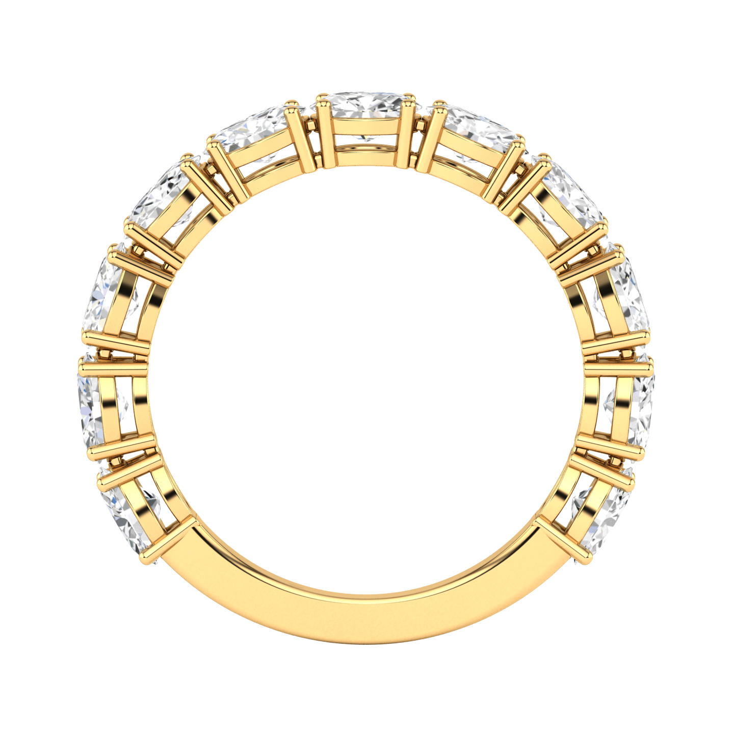 Flat view profile of a yellow gold lab grown oval cut diamond set horizontally on a half eternity ring