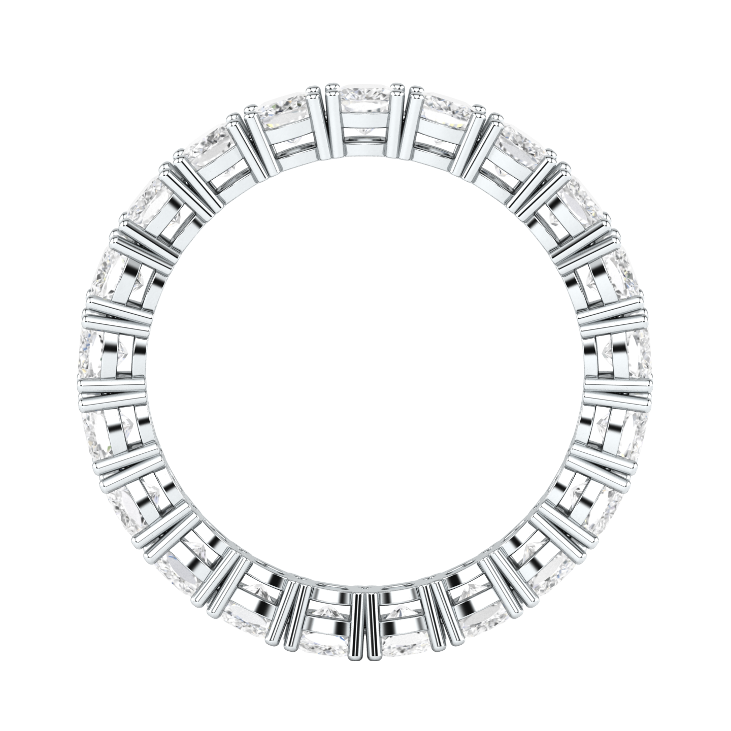 Flat view of a platinum white gold full set eternity ring with cushion cut lab grown diamonds
