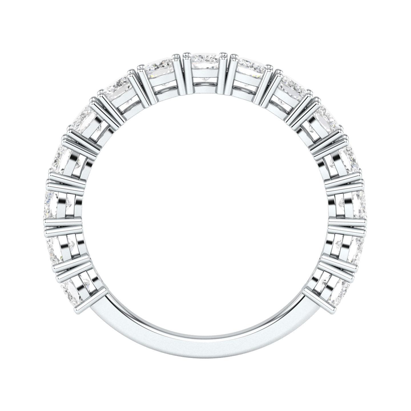 Flat view of a platinum white gold half set eternity ring with cushion cut lab grown diamonds