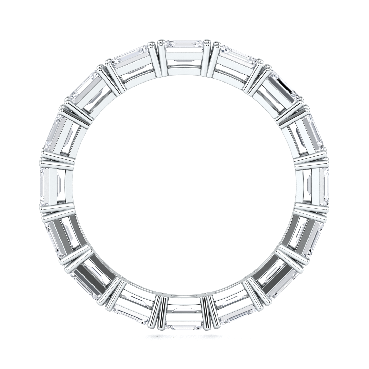 Flat view of a platinum white gold full set eternity ring with emerald cut lab grown diamonds set horizontally