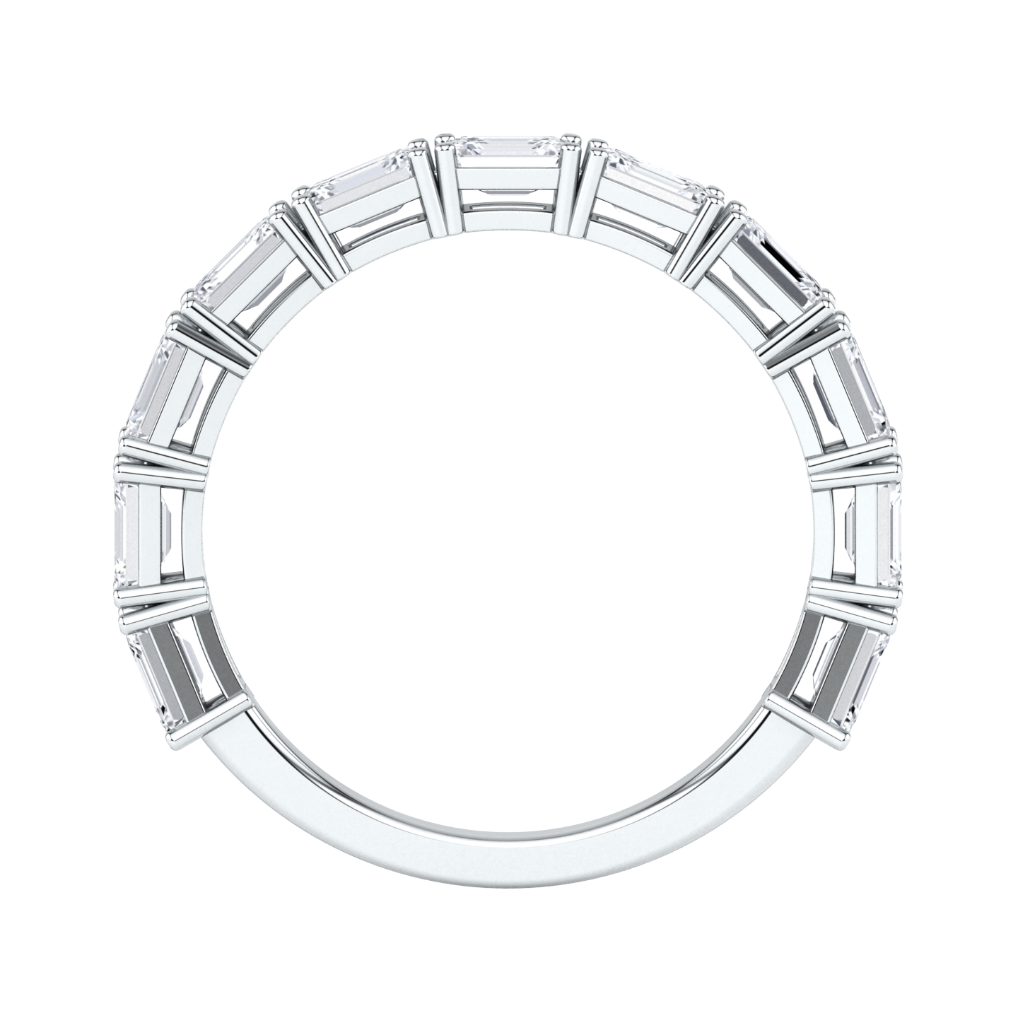 Flat view of a platinum white gold half set eternity ring with emerald cut lab grown diamonds set horizontally