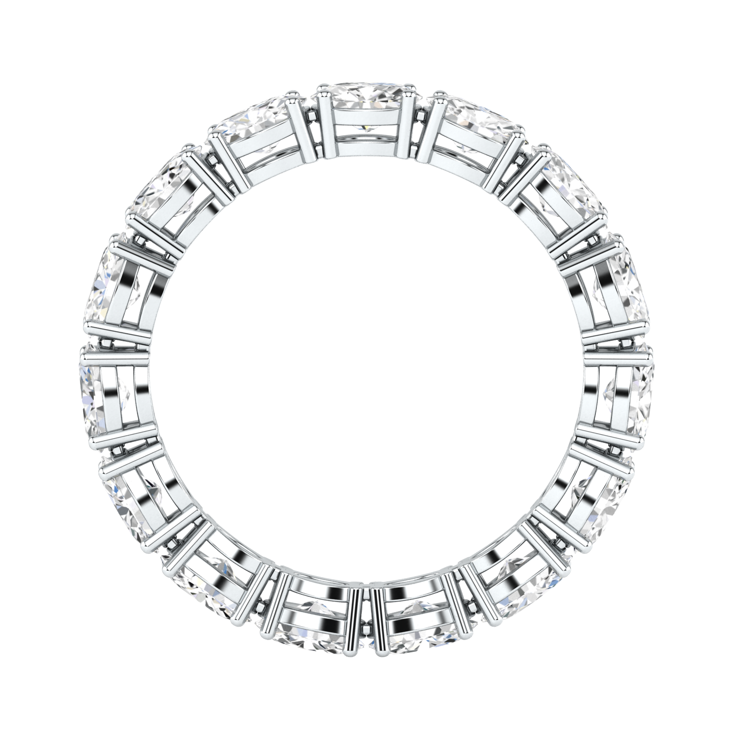 Flat view of a platinum white gold full set eternity ring with oval cut lab grown diamonds set horizontally