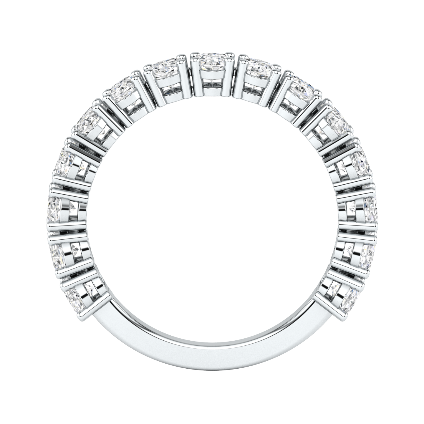 Flat profile of a white gold platinum half set eternity ring with oval cut lab grown diamonds set vertically