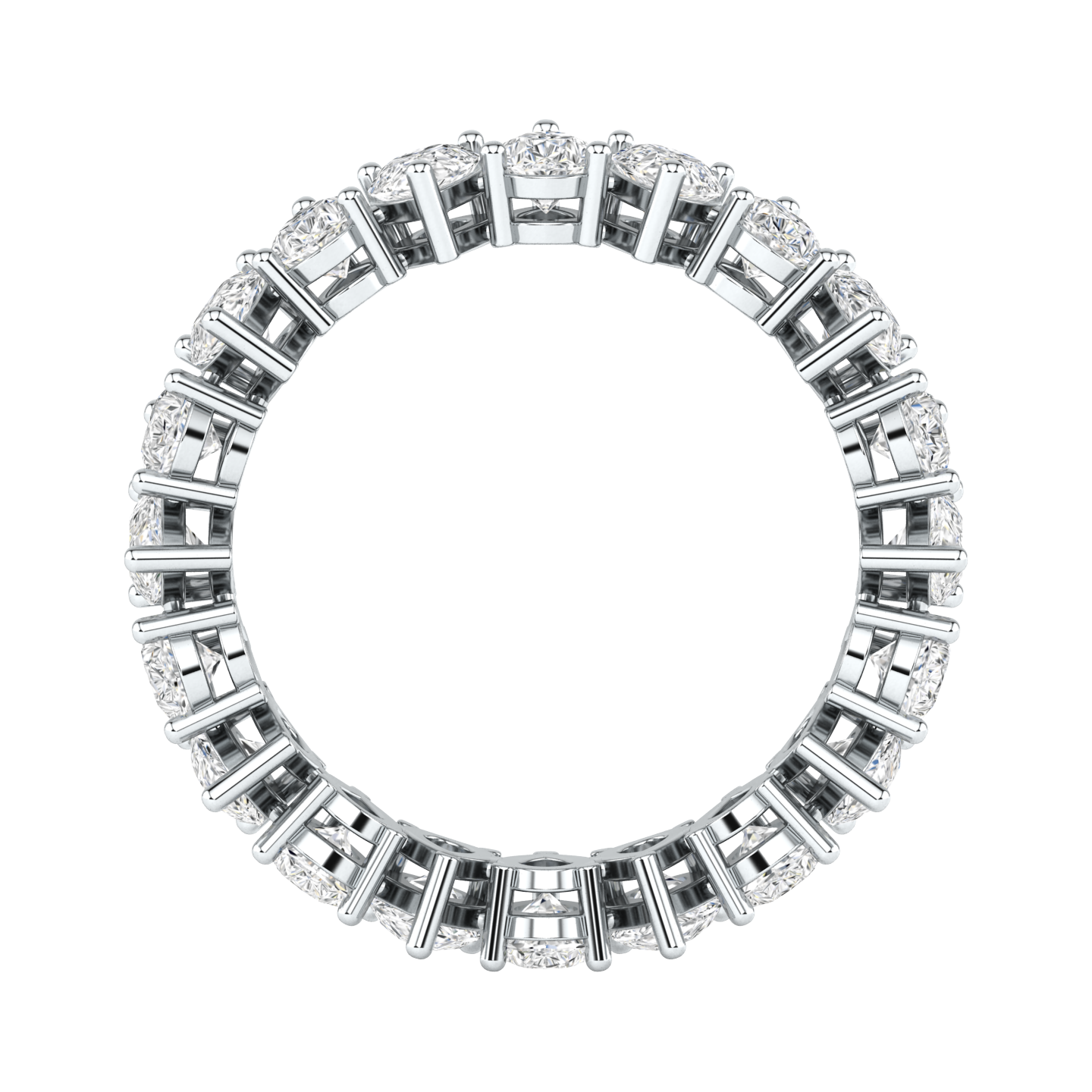 Flat view of a platinum white gold full set eternity ring with pear cut lab grown diamonds