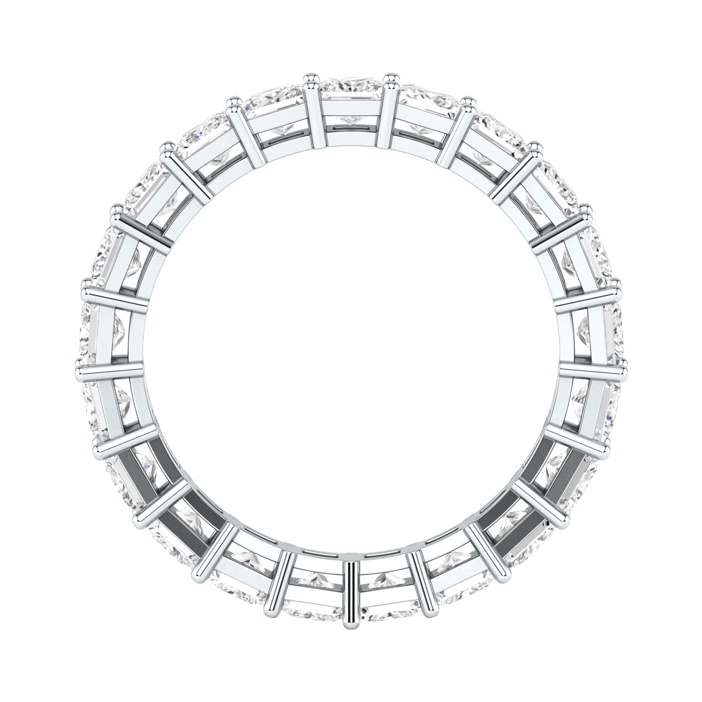 flat view of a platinum white gold full set eternity ring with princess cut lab grown diamonds