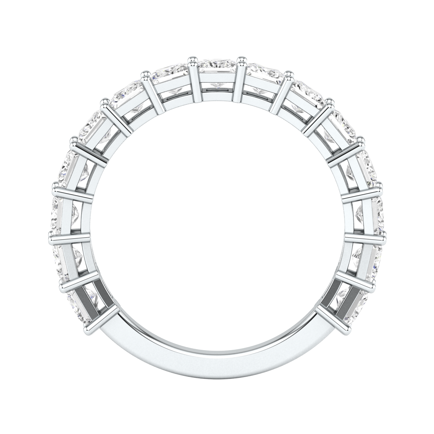 Flat view of a platinum white gold half set eternity ring with princess cut lab grown diamonds