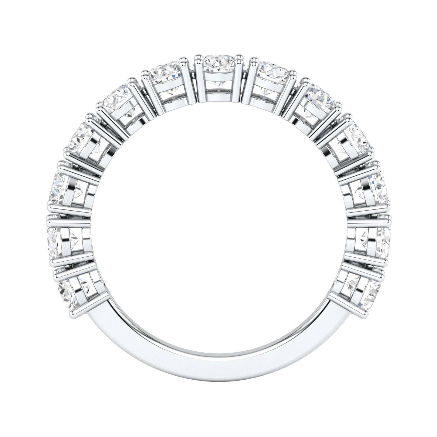Flat view of a platinum white gold half set eternity ring with round brilliant cut lab grown diamonds