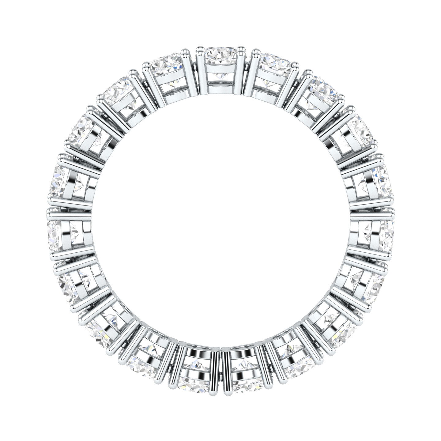 Side view of a platinum white gold full set eternity ring with round brilliant cut lab grown diamonds