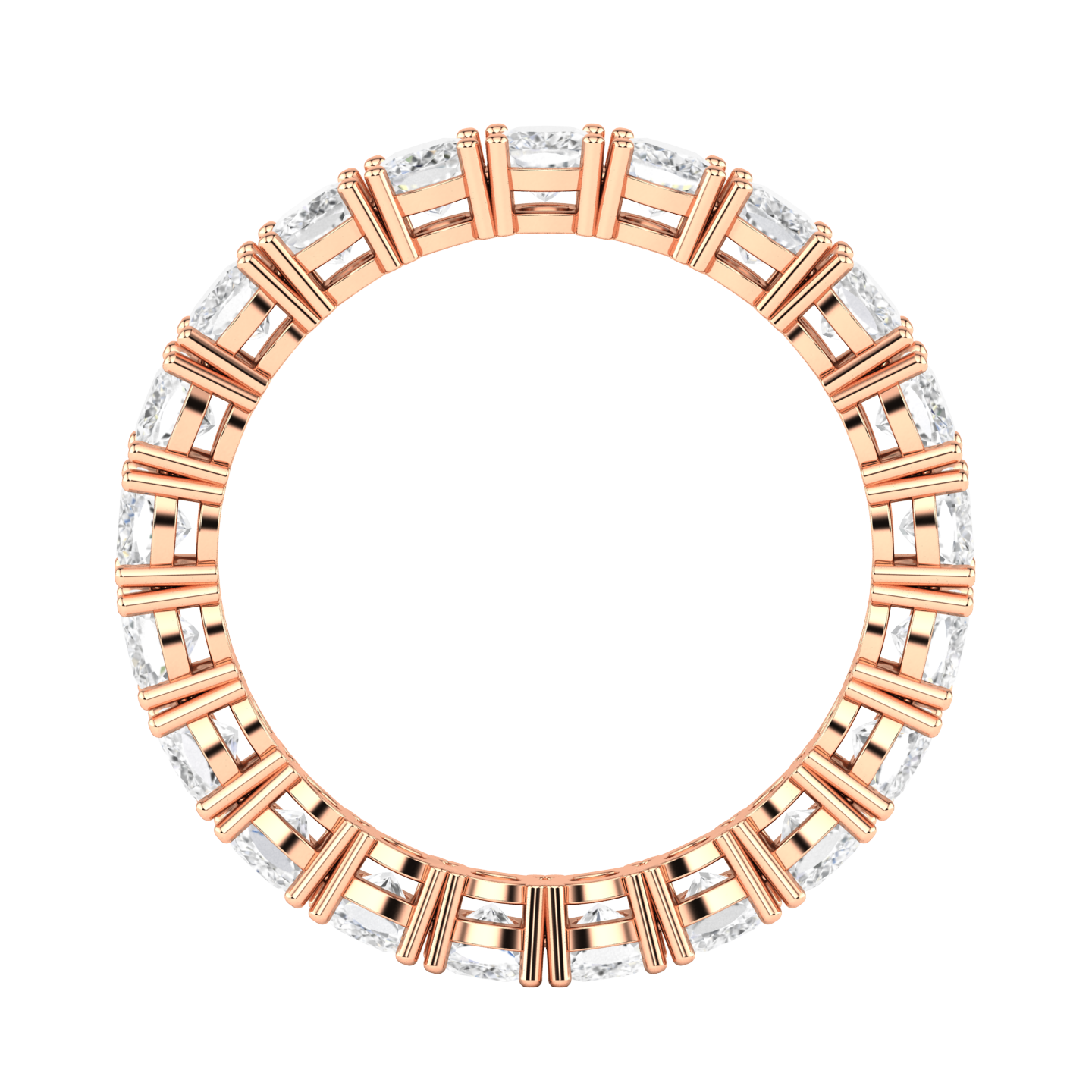 Flat view of a rose gold full set eternity ring with cushion cut lab grown diamonds