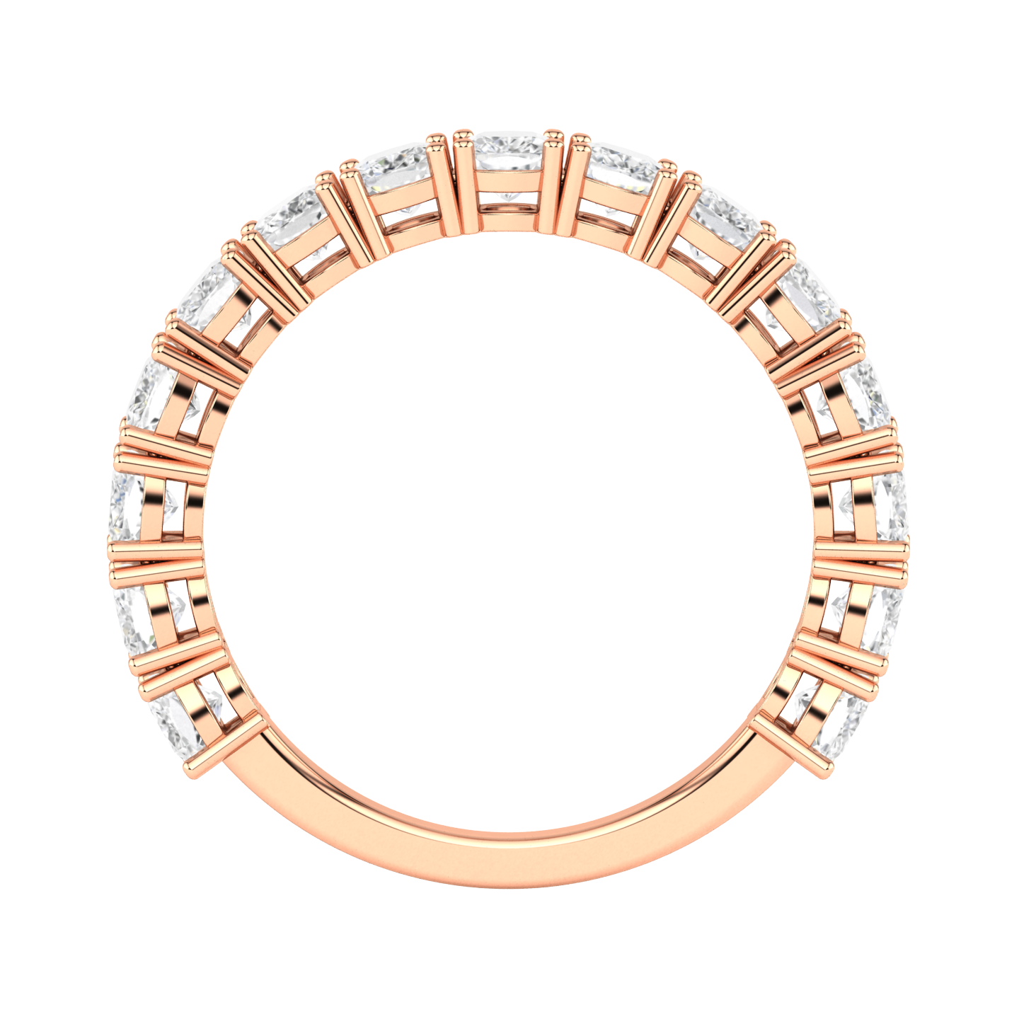 Flat view of a rose gold half set eternity ring with cushion cut lab grown diamonds