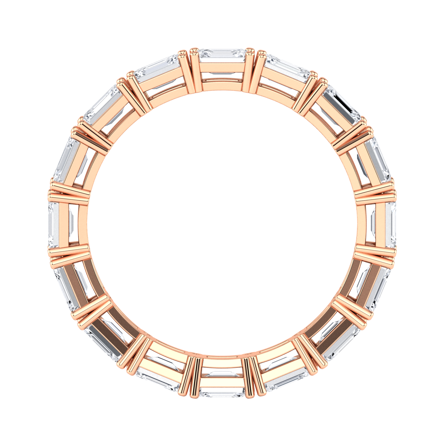 Flat view of a rose gold full set eternity ring with emerald cut lab grown diamonds set horizontally