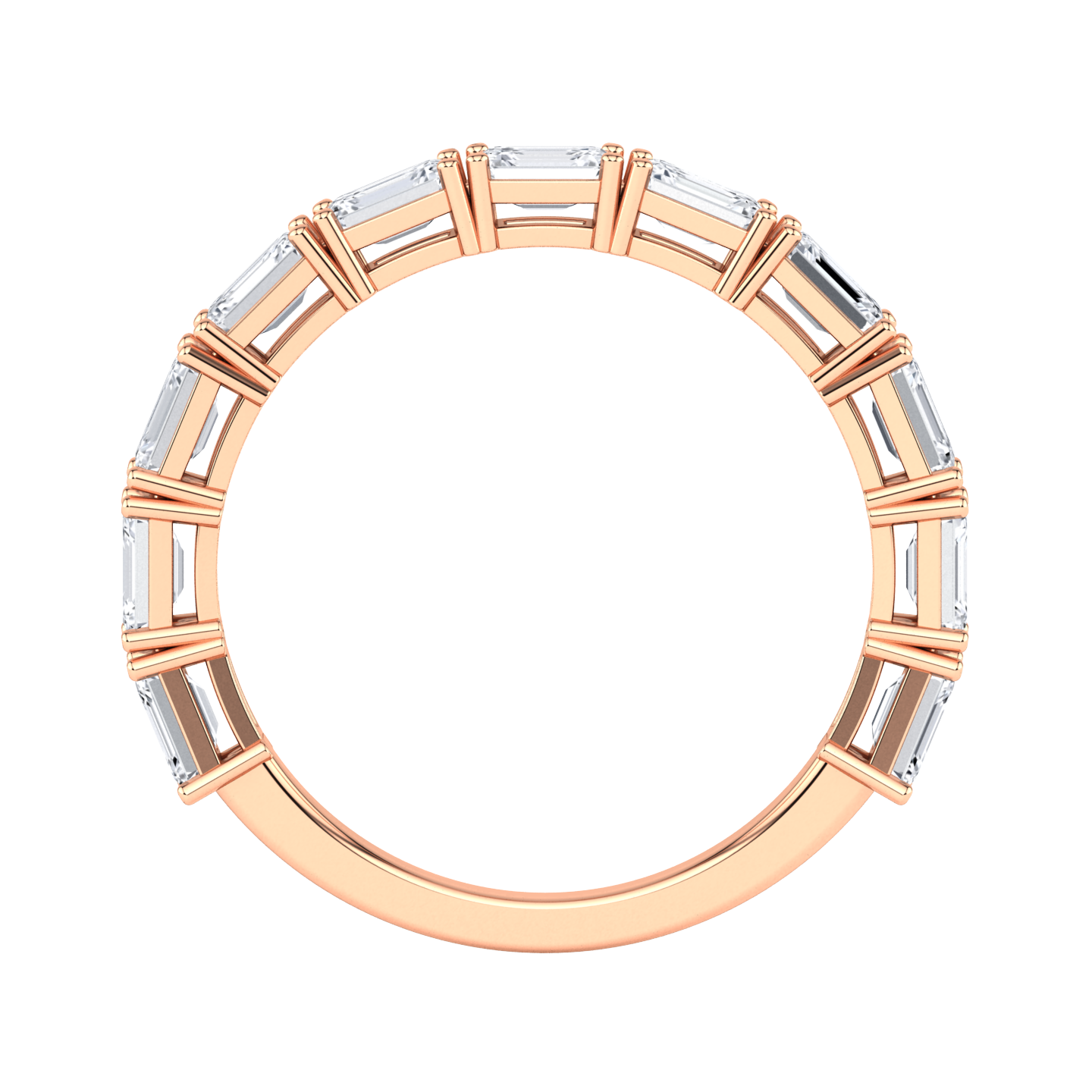 Flat view of a rose gold half set eternity ring with emerald cut lab grown diamonds set horizontally