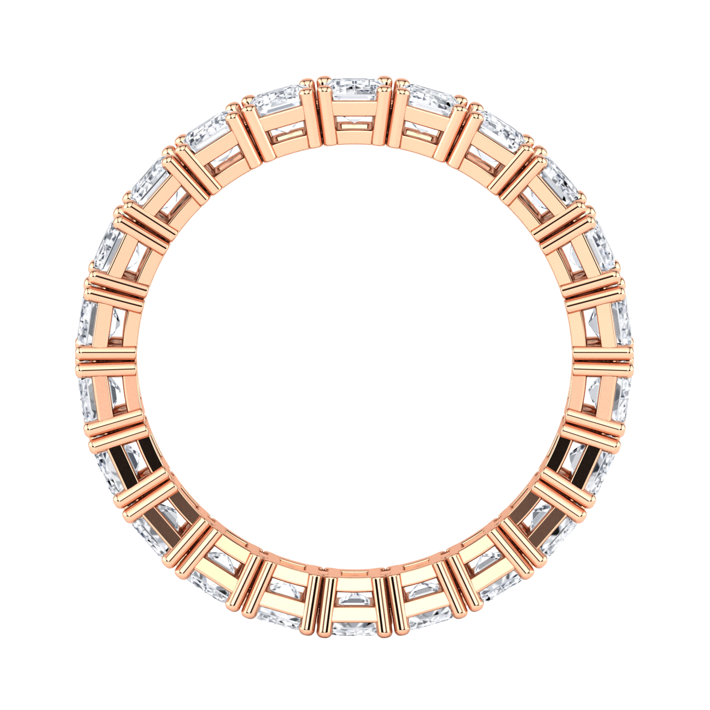 Flat view of a rose gold full set eternity ring with emerald cut lab grown diamonds set vertically