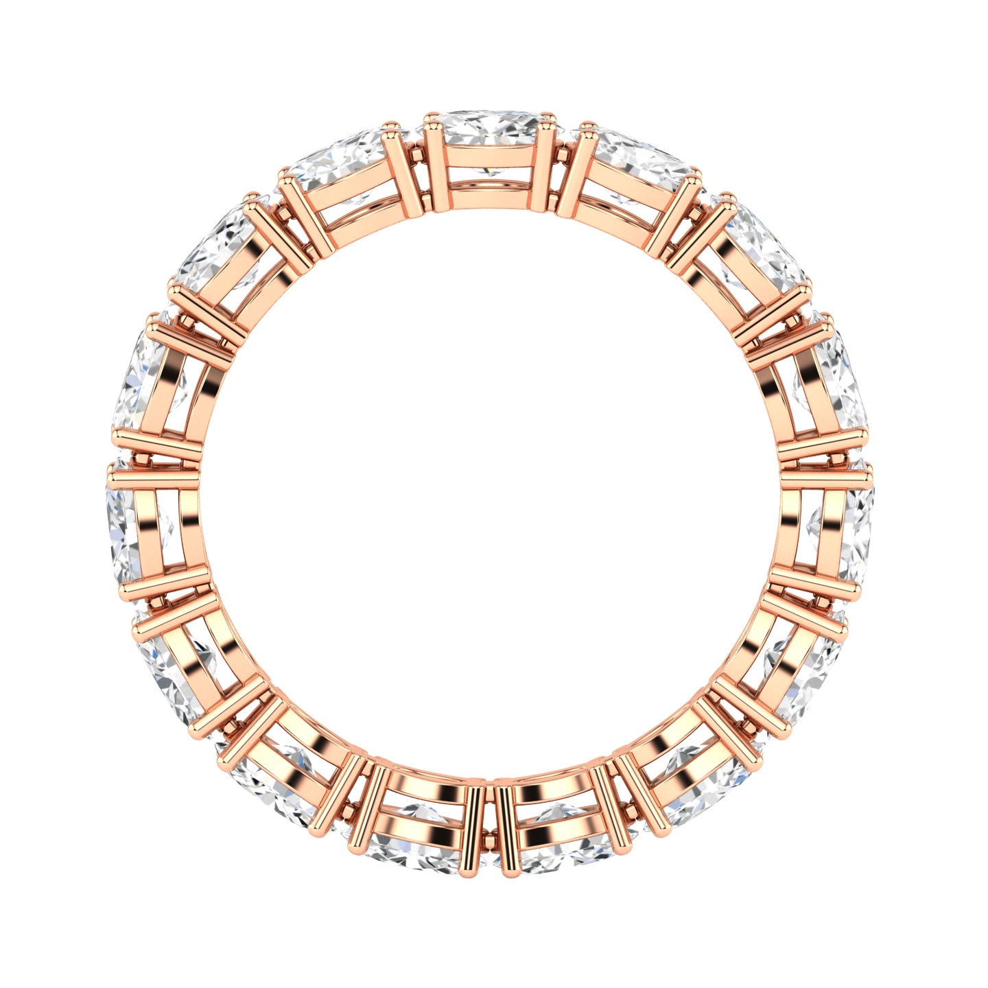 Flat view of a rose gold full set eternity ring with oval cut lab grown diamonds set horizontally