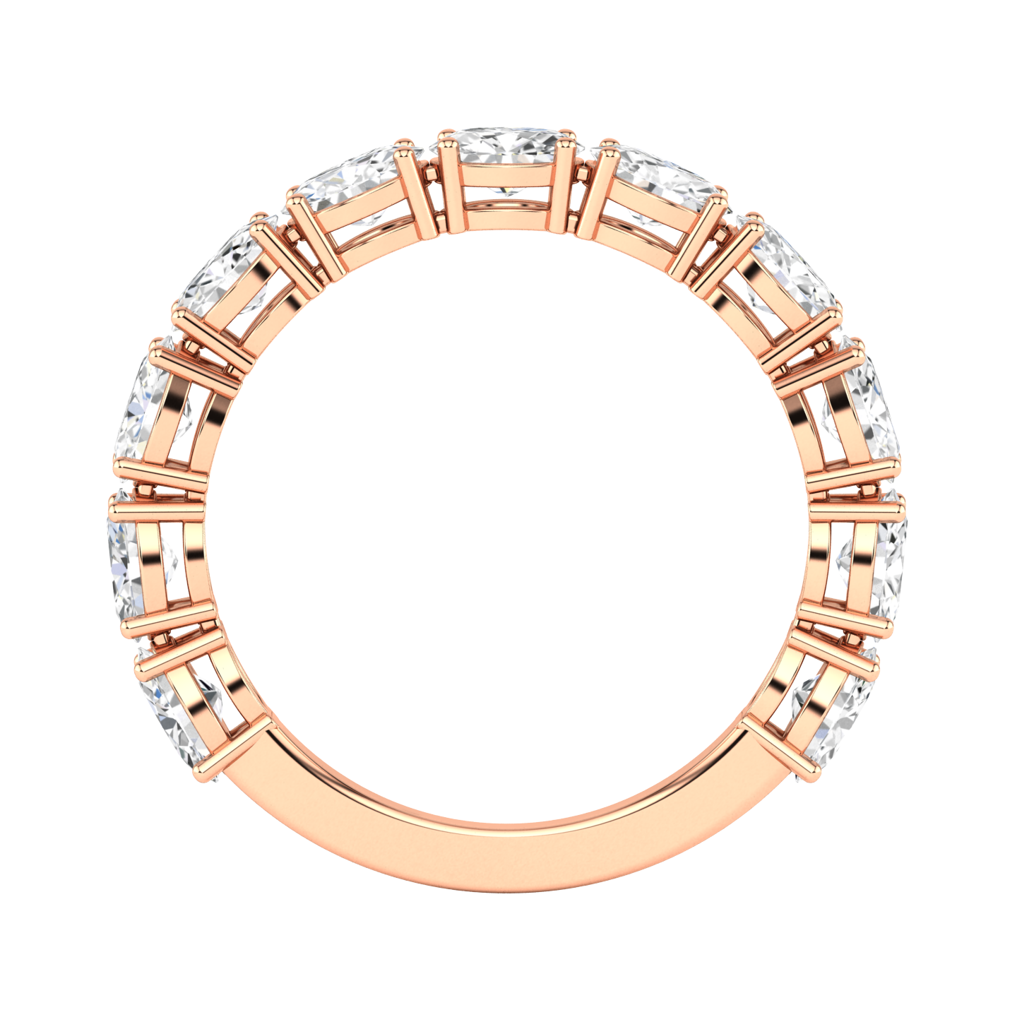 Flat view of a rose gold half set eternity ring with oval cut lab grown diamonds set horizontally