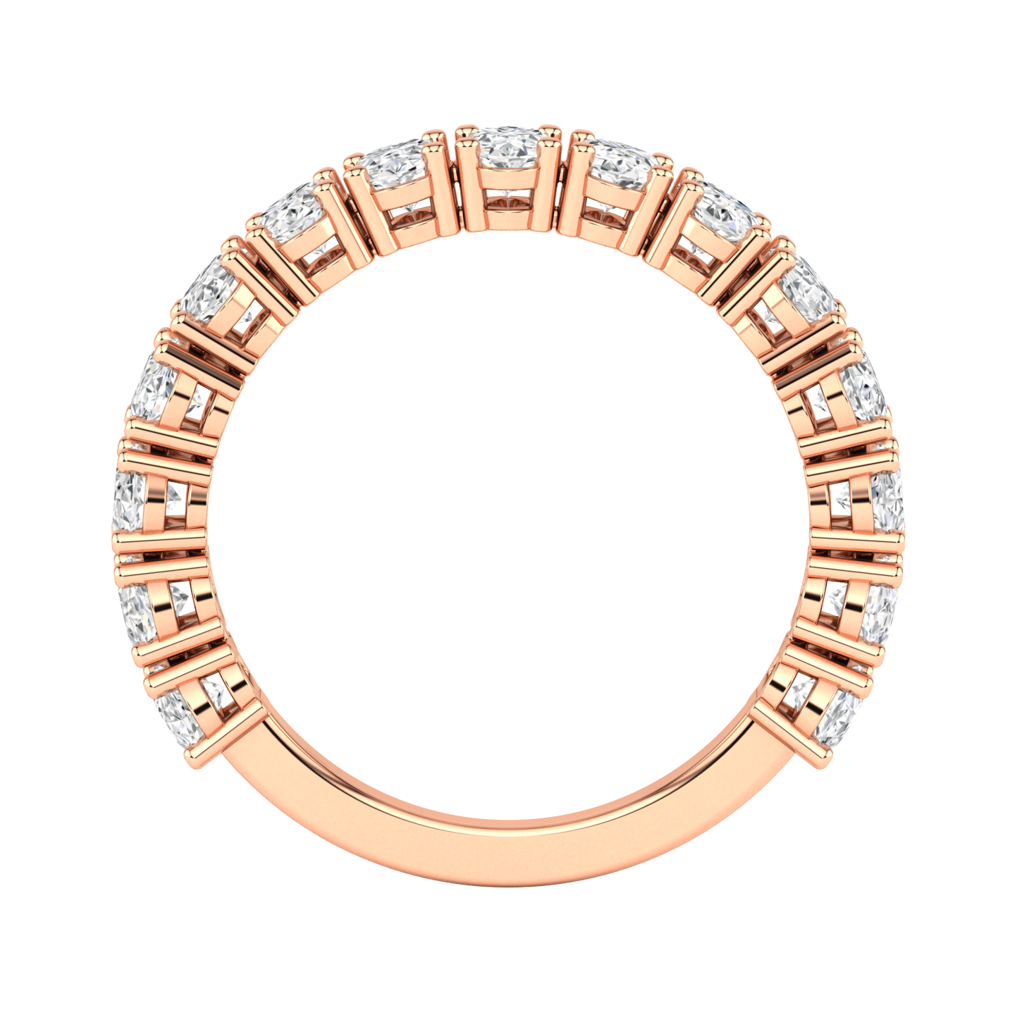 Flat profile of a rose gold half set eternity ring with oval cut lab grown diamonds set vertically