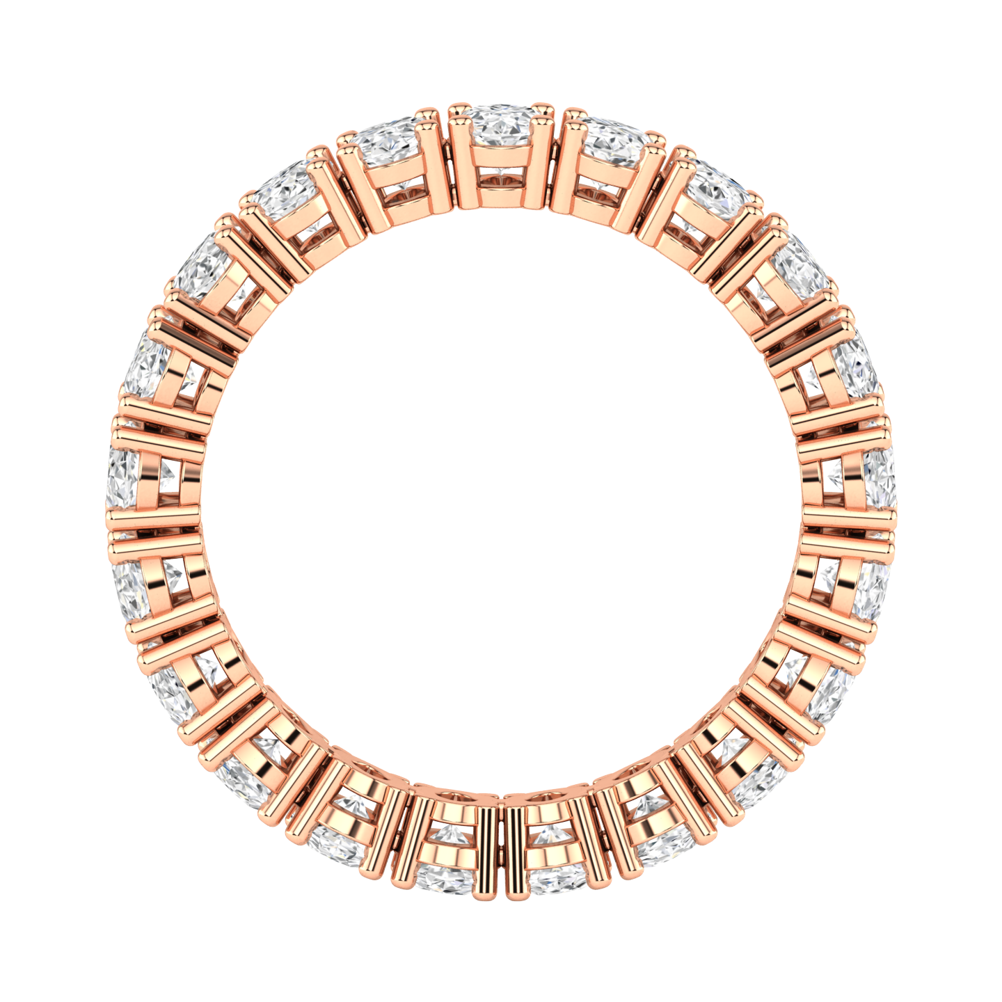 Flat view of a rose gold full set eternity ring with oval cut lab grown diamonds set vertically