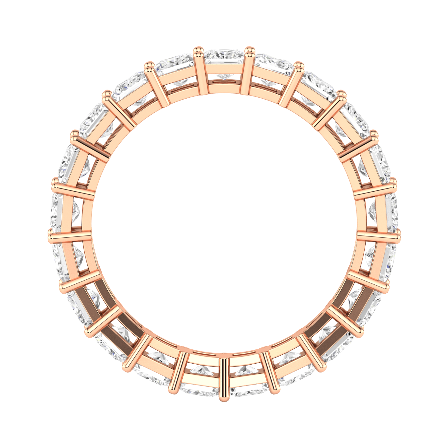 Flat view of a rose gold full set eternity ring with princess cut lab grown diamonds