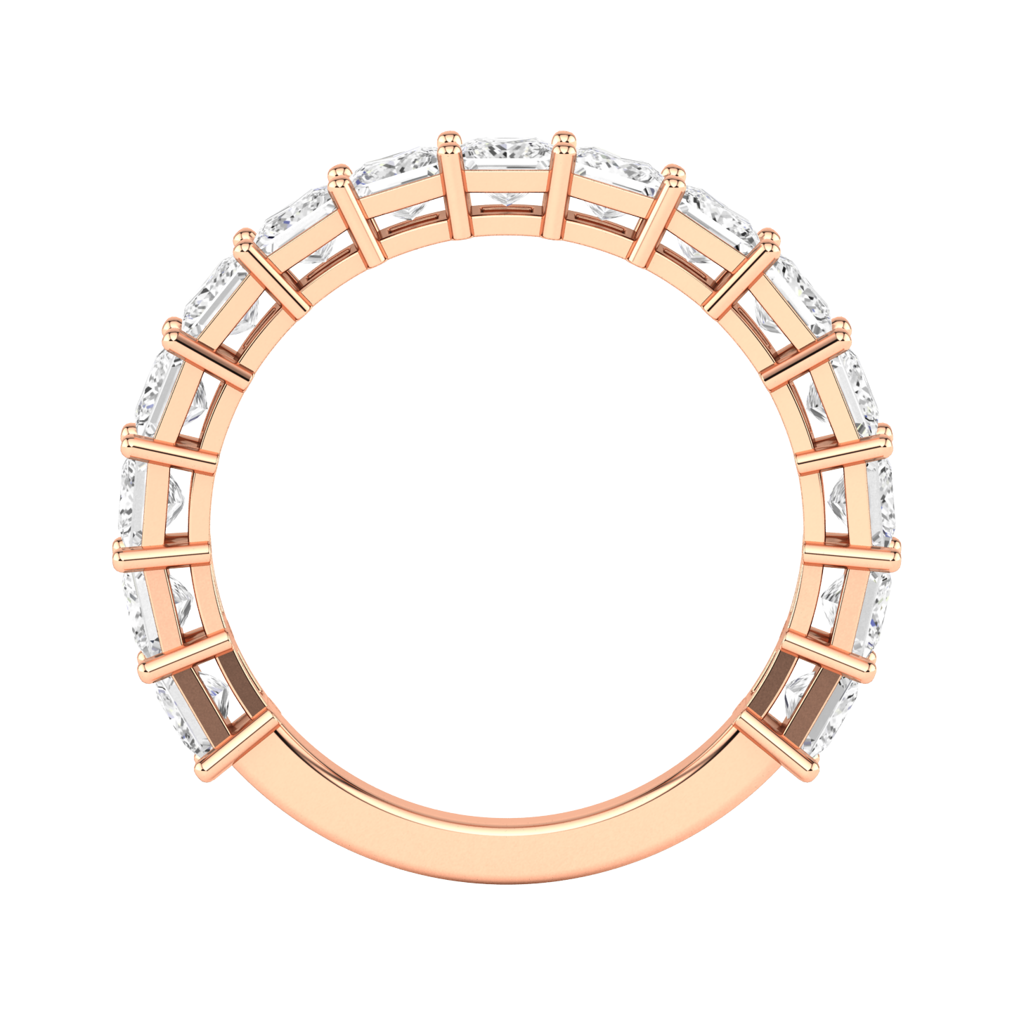 Flat view of a rose gold half set eternity ring with princess cut lab grown diamonds