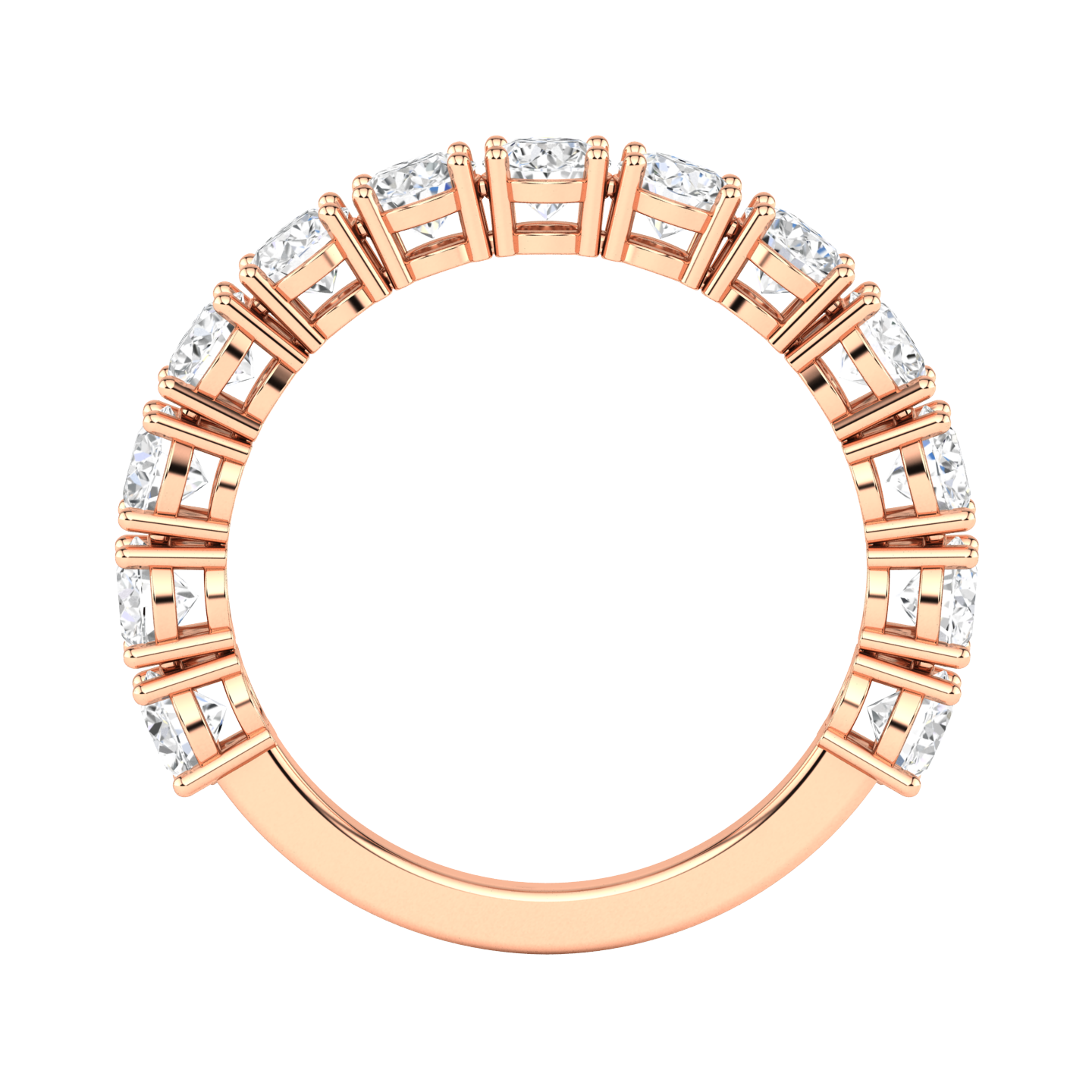 Flat view of a rose gold half set eternity ring with round brilliant cut lab grown diamonds