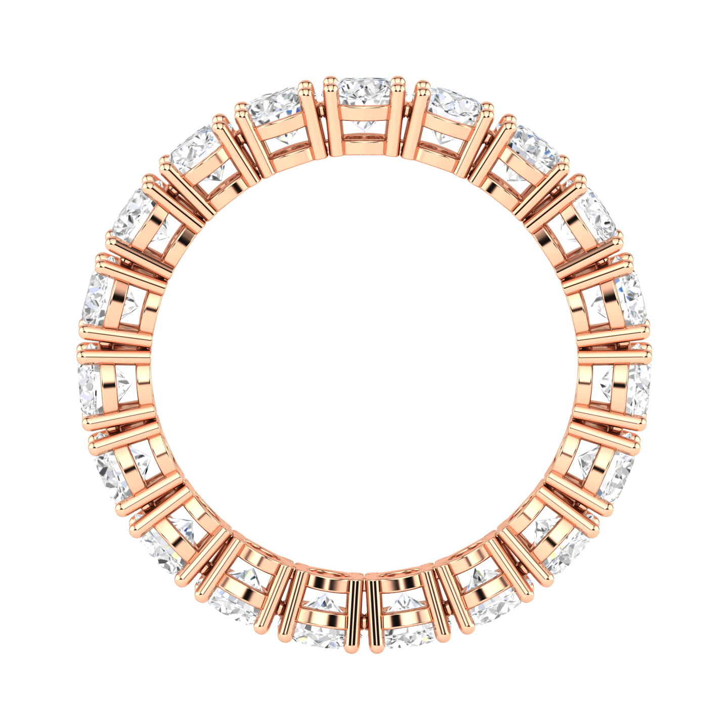 Flat view of a platinum white gold full set eternity ring with round brilliant cut lab grown diamonds