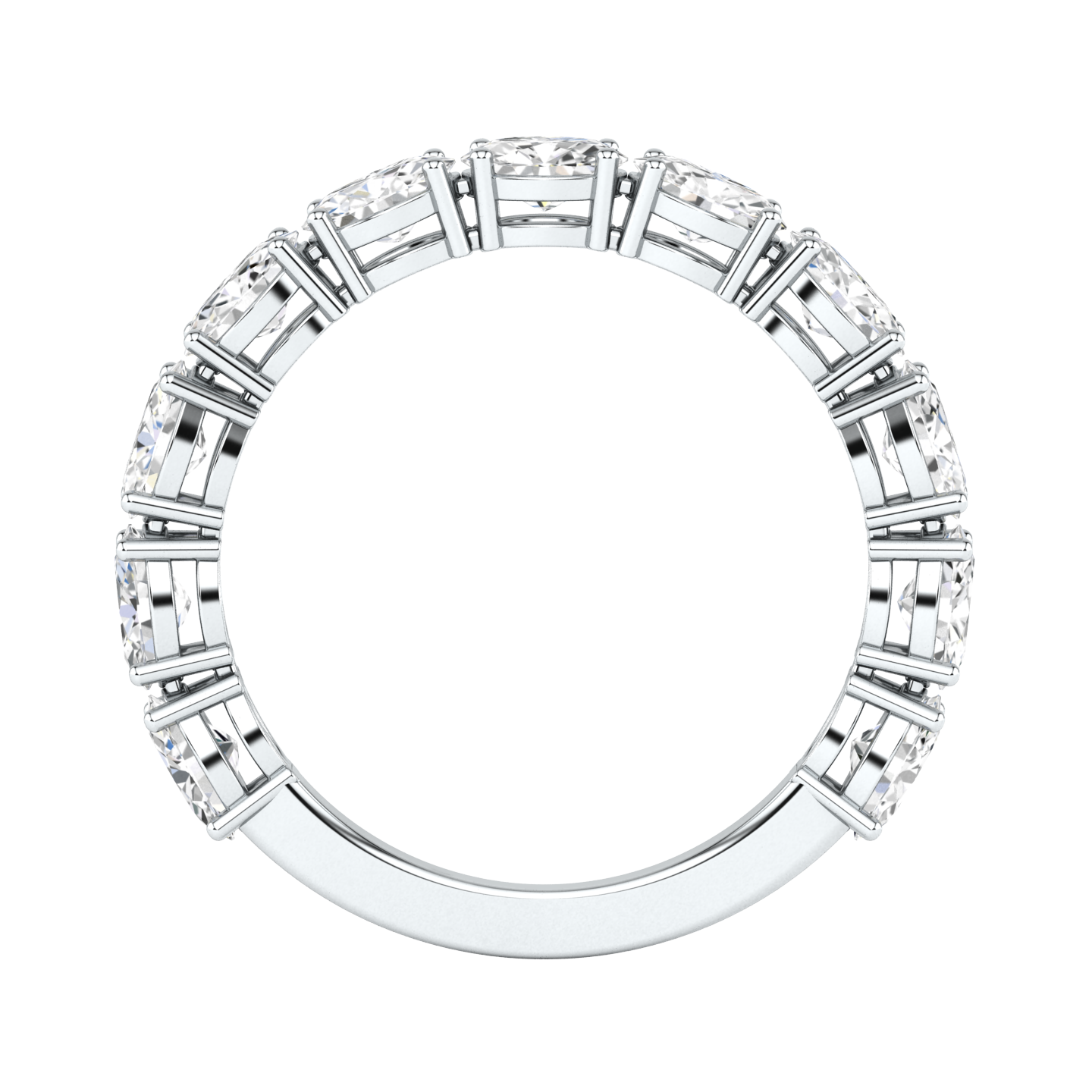 Flat view of a white gold platinum oval cut lab grown diamond which is horizontally set on a half eternity ring