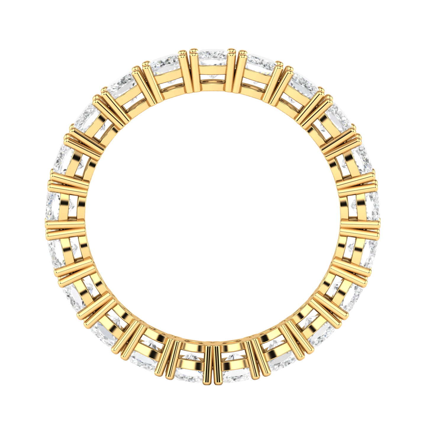 Flat view of a yellow gold full set eternity ring with cushion cut lab grown diamonds