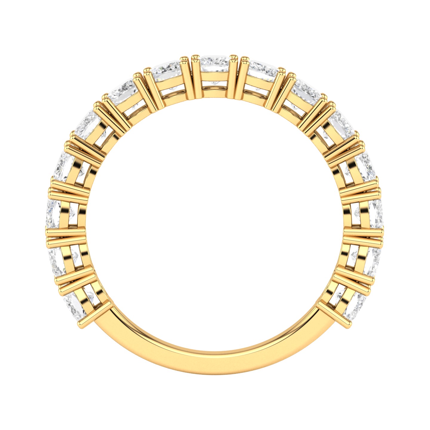 Flat view of a yellow gold half set eternity ring with cushion cut lab grown diamonds