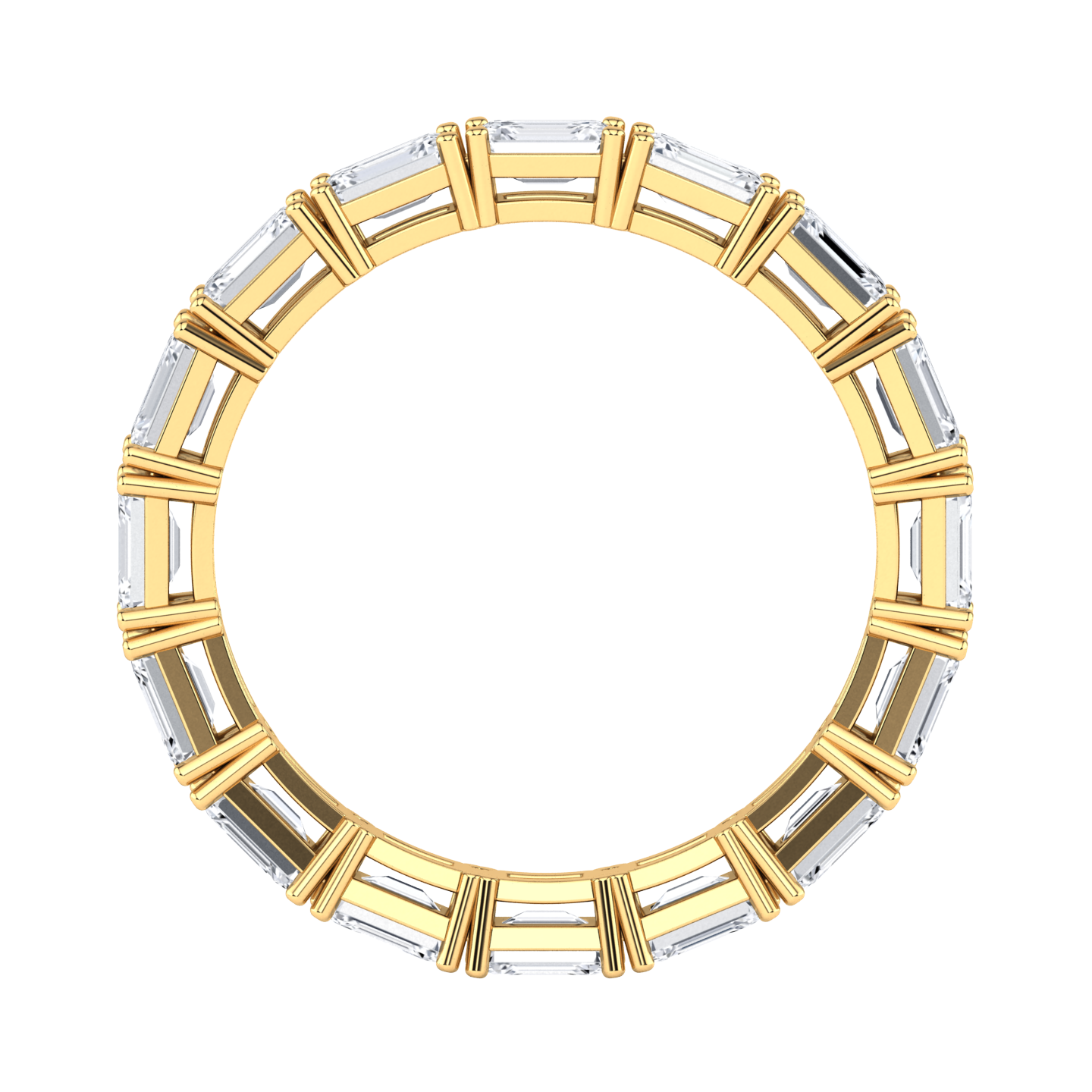 Flat view of a yellow gold full set eternity ring with emerald cut lab grown diamonds set horizontally