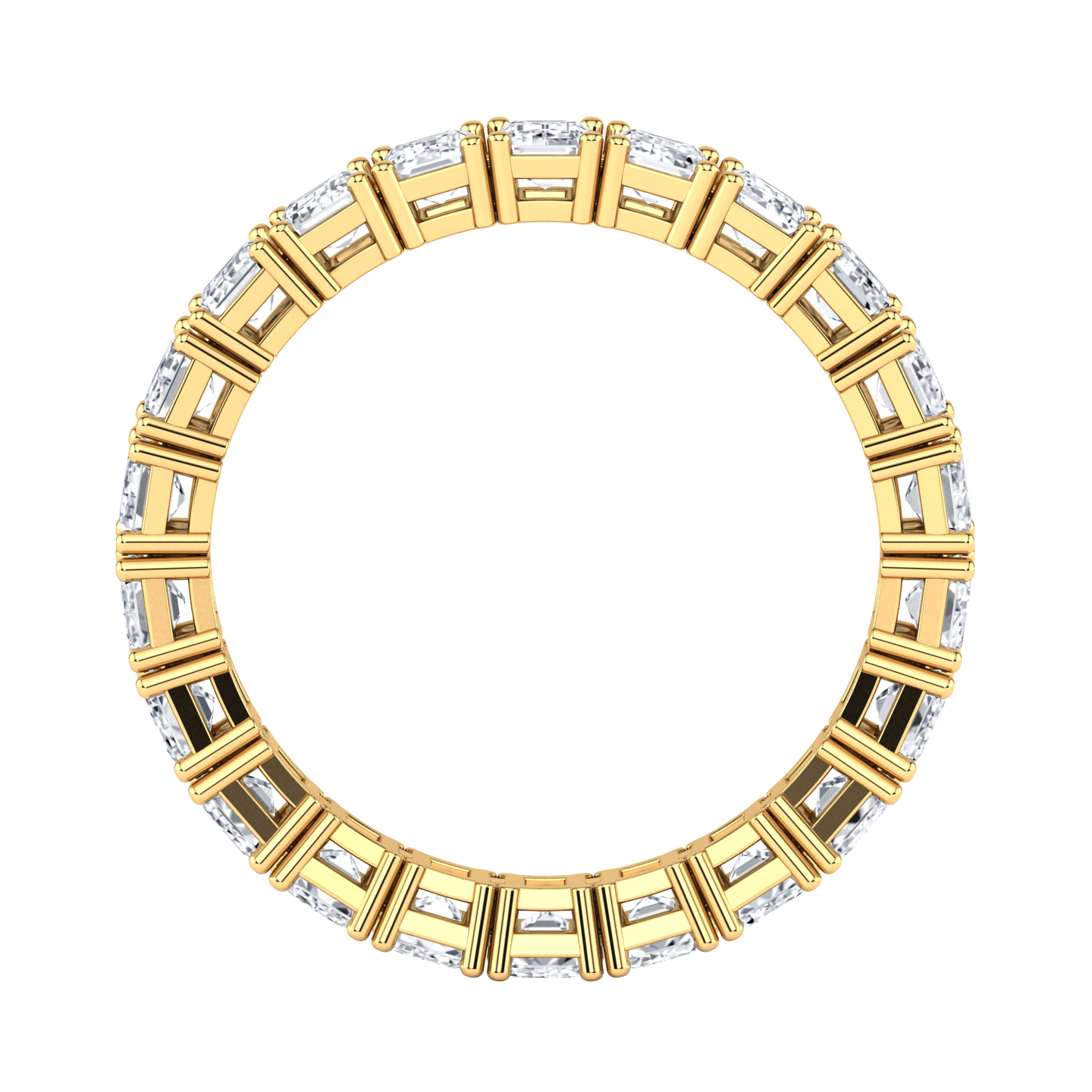 Flat view of a yellow gold full set eternity ring with emerald cut lab grown diamonds set vertically