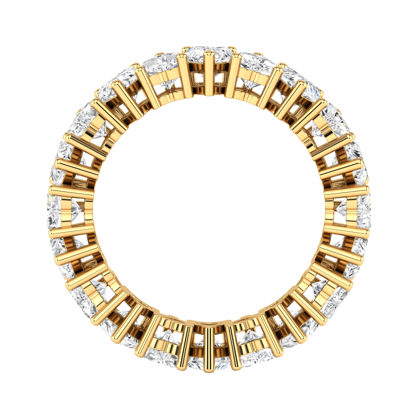 Flat view of a yellow gold full set eternity ring with heart cut lab grown diamonds