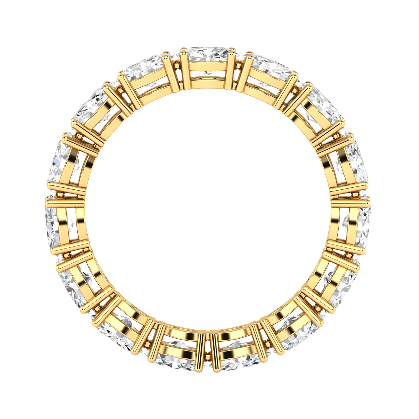 Flat view of a yellow gold full set eternity ring with oval cut lab grown diamonds set horizontally