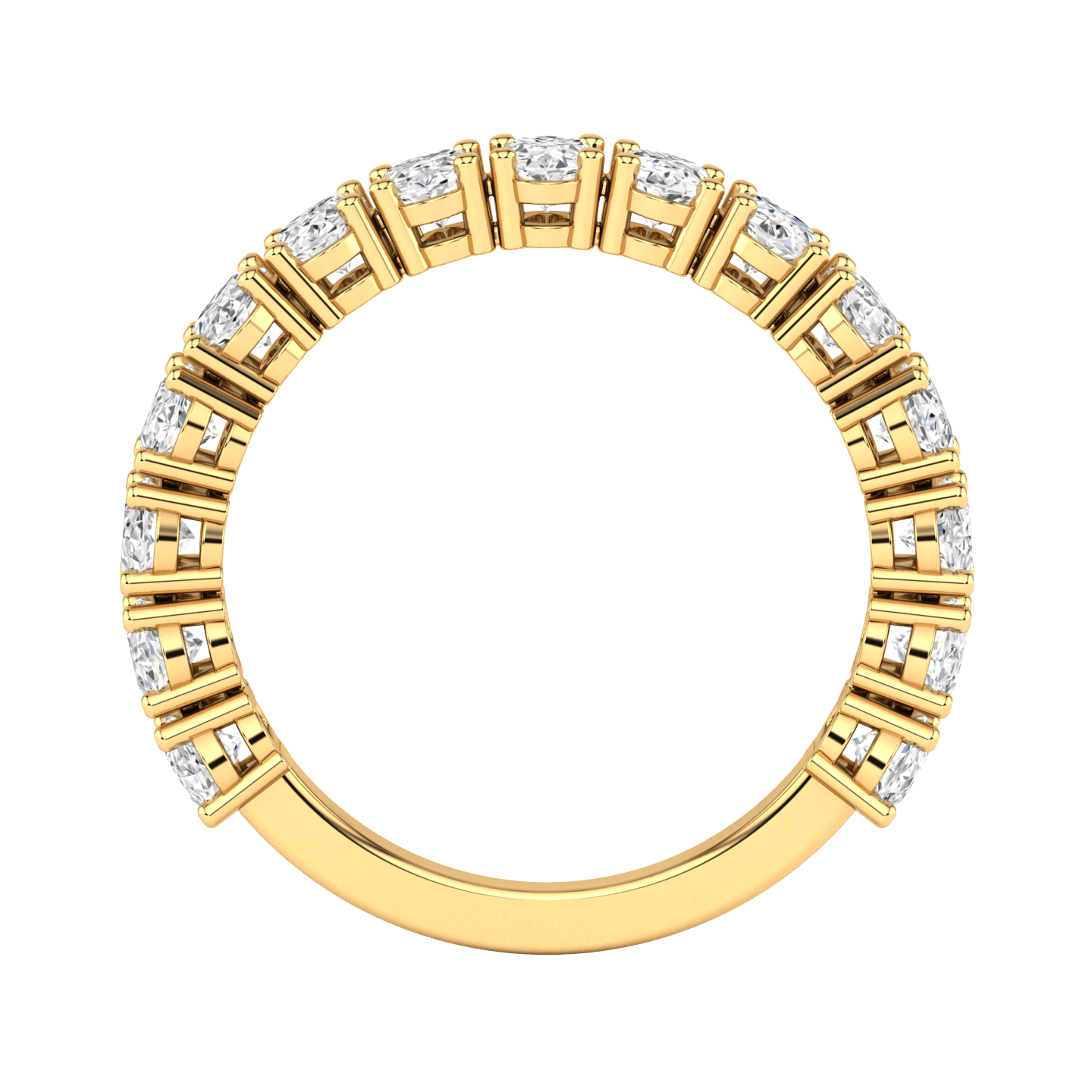 Flat view of a yellow gold vertically set half eternity ring with oval cut lab grown diamonds