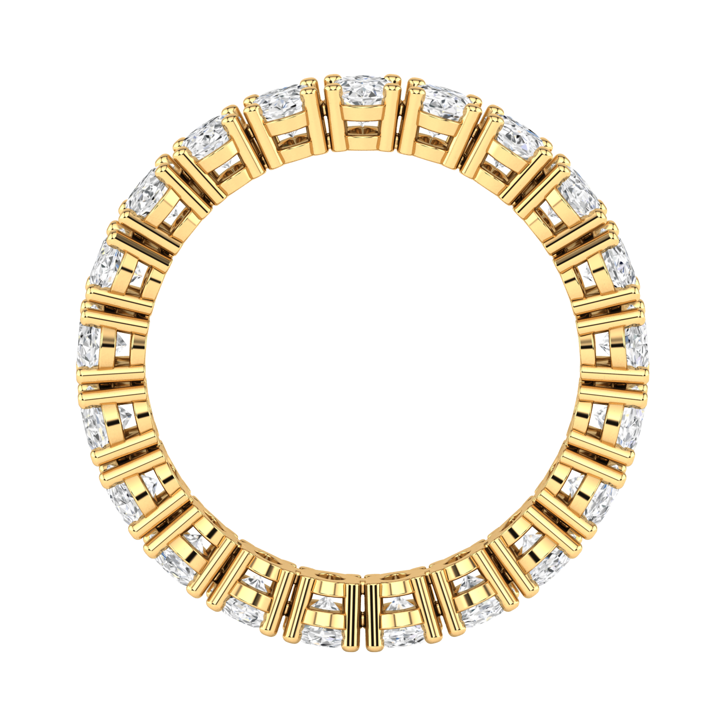 Flat view of a yellow gold full set eternity ring with oval cut lab grown diamonds set vertically