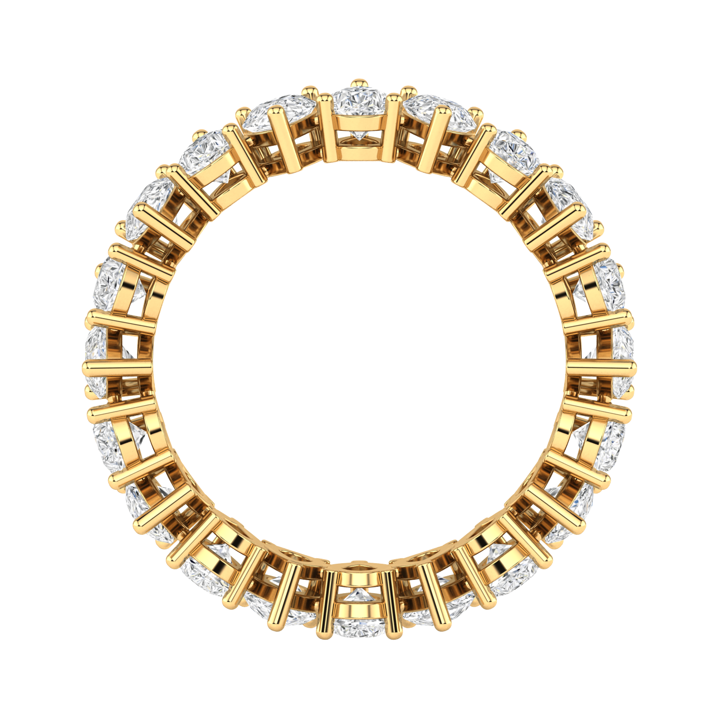 Flat view of a yellow gold full set eternity ring with pear cut lab grown diamonds