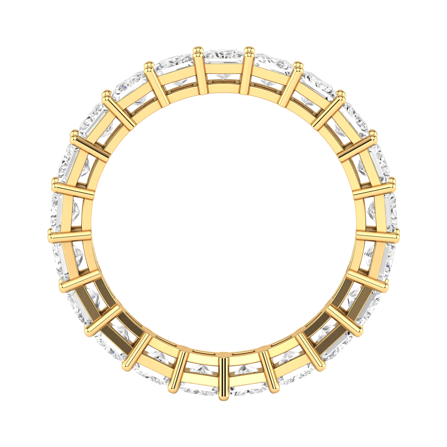 Flat view of a yellow gold full set eternity ring with princess cut lab grown diamonds