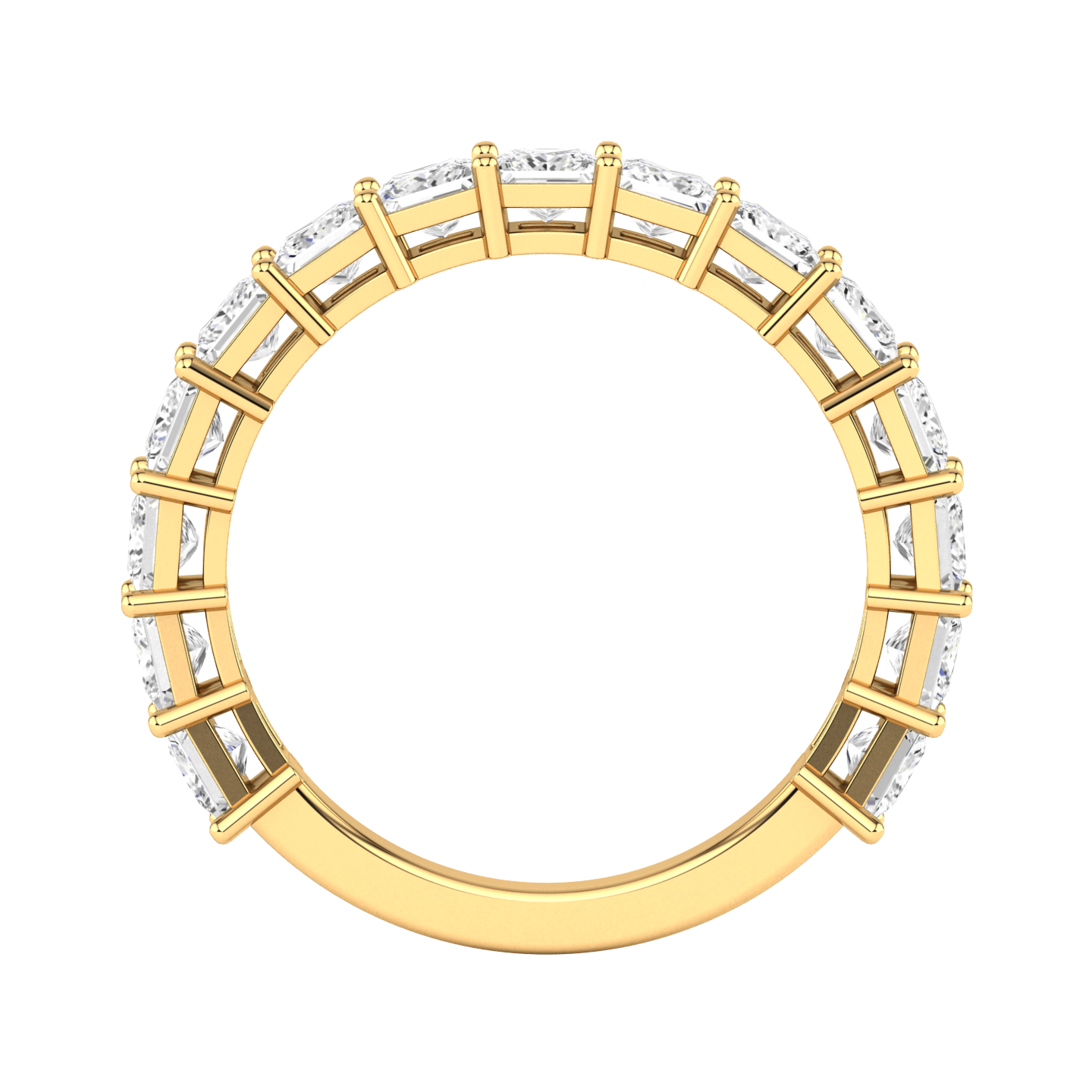 Flat view of a yellow gold half set eternity ring with princess cut lab grown diamonds