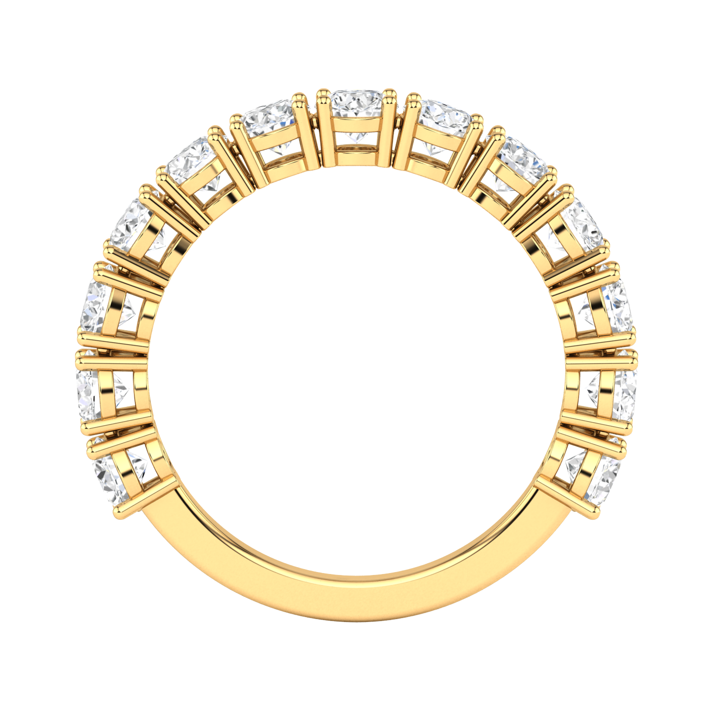 Flat view of a yellow gold half set eternity ring with round brilliant cut lab grown diamonds