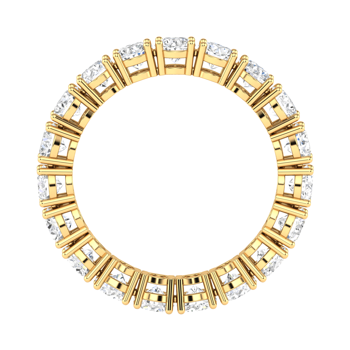 Flat view of a yellow gold full set eternity ring with round brilliant cut lab grown diamonds