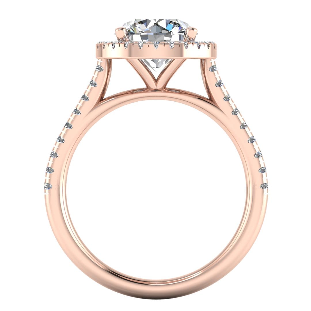 Flat view of Holly rose gold lab grown diamond engagement ring with halo and side shoulder diamonds