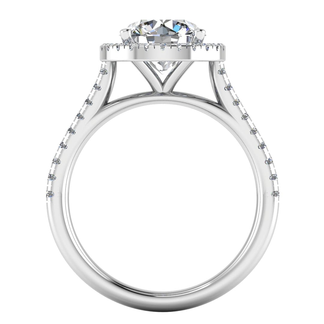 Flat view of Holly white gold and platinum lab grown diamond engagement ring with halo and side shoulder diamonds
