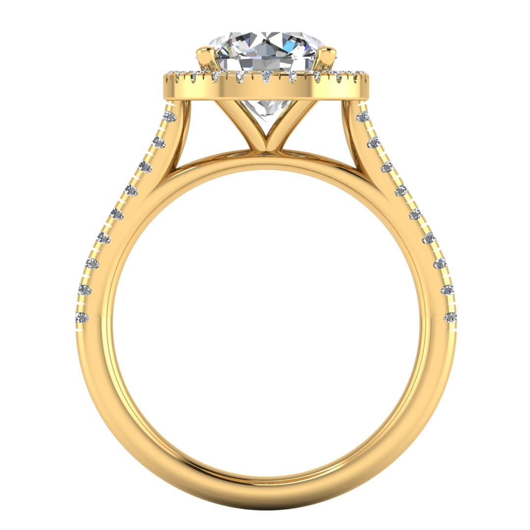 Flat view of Holly yellow gold lab grown diamond engagement ring with halo and side shoulder diamonds