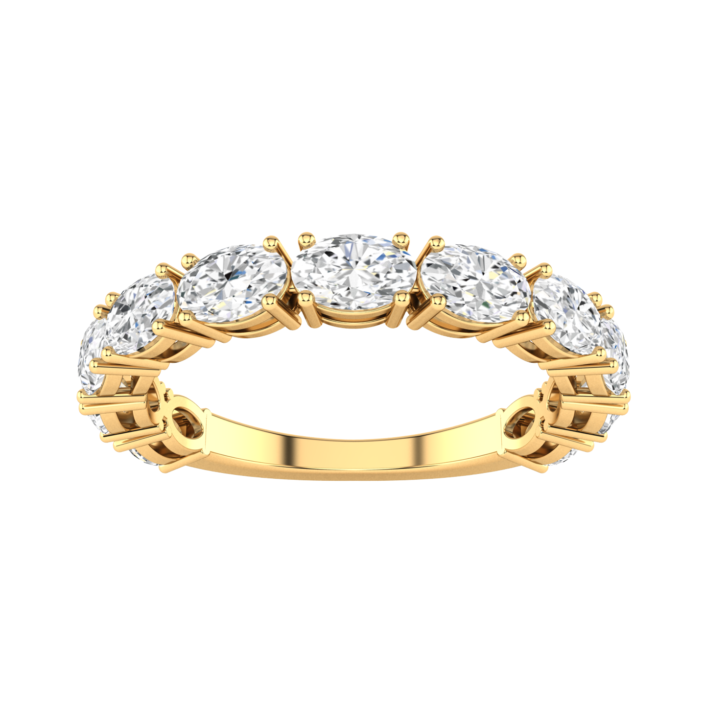 Front view of a yellow gold half set eternity ring with horizontally set oval shaped lab grown diamonds