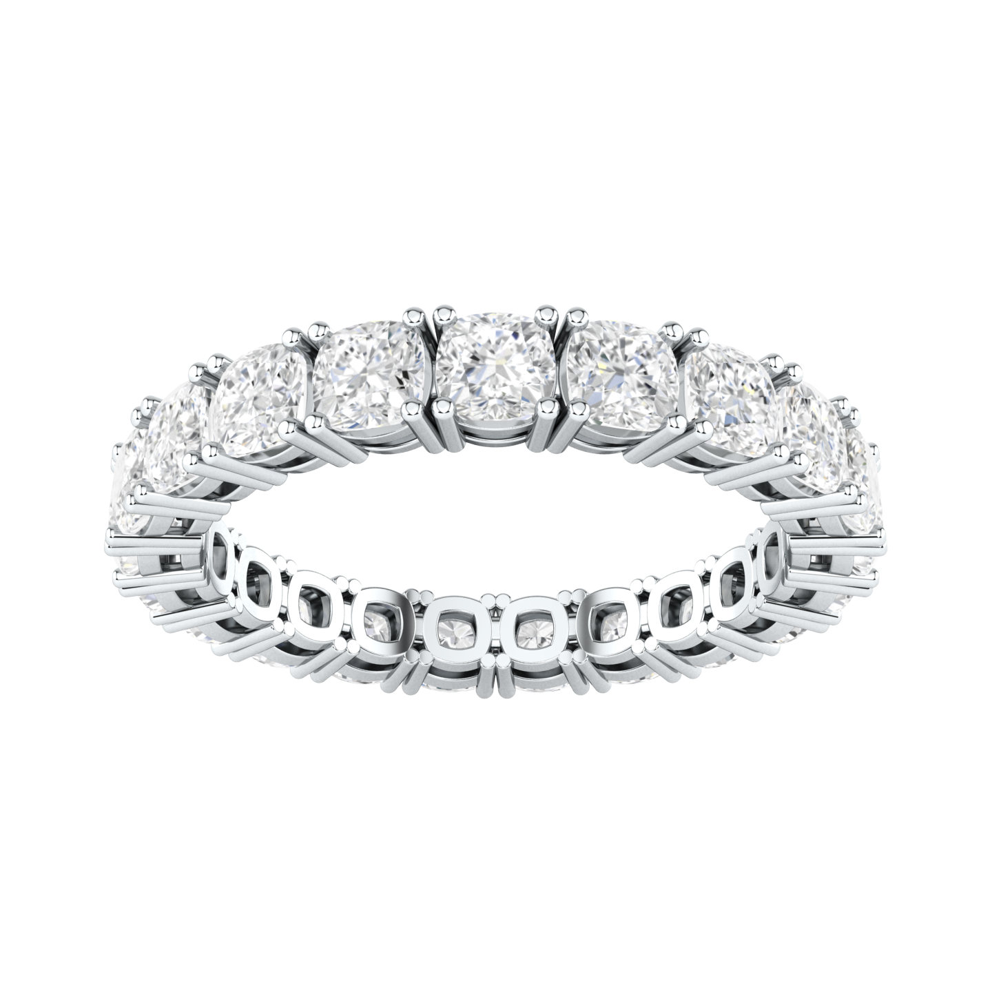Front view of a platinum white gold full set eternity ring with cushion cut lab grown diamonds